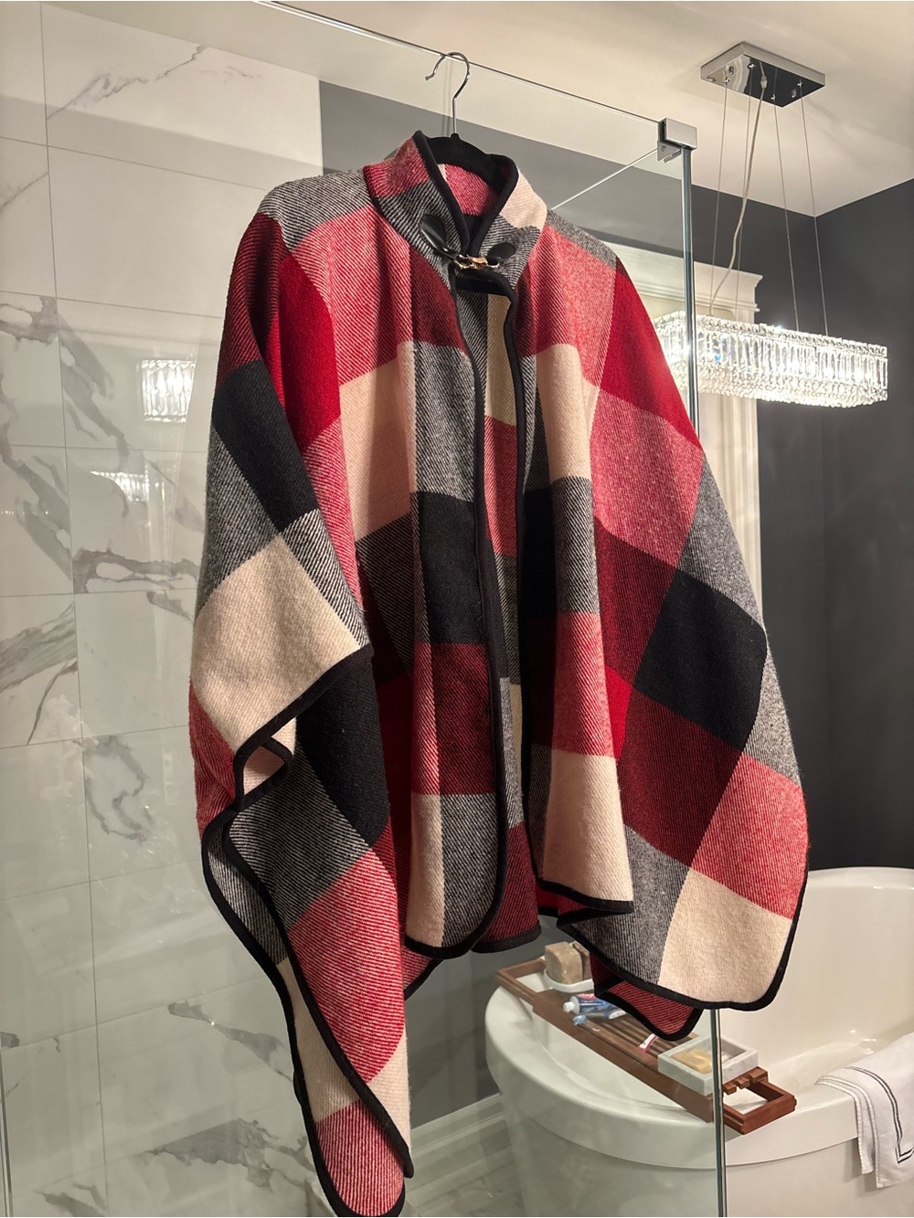 INC International Concepts Red Black White   Plaid Cape obe size